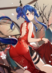Rule 34 | 1girl, absurdres, arknights, ass, backless dress, backless outfit, bangle, bare arms, bare shoulders, bead bracelet, beads, bike shorts, black shorts, blue hair, blurry, blurry background, blush, bracelet, breasts, butt crack, ch&#039;en (ageless afterglow) (arknights), ch&#039;en (arknights), china dress, chinese clothes, clothing cutout, double bun, dragon horns, dragon tail, dress, dutch angle, feet out of frame, from behind, hair bun, highres, horns, indoors, jewelry, kikistark, kneeling, long hair, looking at viewer, looking back, medium breasts, official alternate costume, petals, red dress, red eyes, short shorts, shorts, side slit, sidelocks, skirt hold, sleeveless, sleeveless dress, solo, tail, tail through clothes, thigh strap, thighs, v-shaped eyebrows, vase