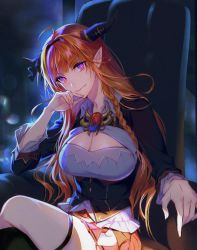Rule 34 | 1girl, ahoge, armchair, black bow, black hairband, black jacket, blonde hair, bow, braid, breasts, brooch, chair, cleavage, cleavage cutout, clothing cutout, collared shirt, crossed legs, dark, dragon girl, dragon horns, elbow rest, fang, gem, hairband, head rest, highres, hip vent, hololive, horn bow, horn ornament, horns, jacket, jewelry, kiryu coco, kiryu coco (1st costume), large breasts, long hair, looking at viewer, multicolored hair, orange hair, pleated skirt, pointy ears, purple eyes, red skirt, roperi3d, shirt, side-tie skirt, side braid, sidelocks, single braid, single thighhigh, sitting, skin fang, skirt, smile, solo, streaked hair, thigh strap, thighhighs, virtual youtuber, white shirt