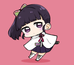 Rule 34 | 1girl, black hair, black skirt, blunt bangs, blush, boots, cape, chibi, closed mouth, commentary, cross-laced footwear, full body, katana, kimetsu no yaiba, lace-up boots, nozo (hitomiz), pink background, pleated skirt, purple eyes, shadow, sheath, sheathed, side ponytail, skirt, solo, sword, symbol-only commentary, tsuyuri kanao, weapon, white cape, white footwear