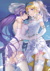 Rule 34 | 10s, 2girls, aqua eyes, armlet, ayase eli, bare shoulders, beads, blue eyes, breasts, closed mouth, commentary request, cross-laced clothes, detached collar, dress, earrings, eyelashes, flower, frilled legwear, fur trim, garter straps, gloves, green eyes, hair between eyes, hair flower, hair ornament, hairclip, holding hands, jewelry, light particles, long hair, looking at viewer, love live!, love live! school idol festival, love live! school idol project, low twintails, medium breasts, multiple girls, night, night sky, off-shoulder dress, off shoulder, parted lips, petals, pink dress, pink gloves, pink legwear, ponytail, purple hair, railing, rio.lw, rose, see-through, short dress, sidelocks, sky, smile, strapless, strapless dress, thighhighs, tiara, tojo nozomi, transparent, twintails, veil, very long hair, white dress, white flower, white gloves, white legwear, white rose, yuri