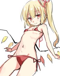 Rule 34 | 1girl, bare shoulders, bikini, blonde hair, blush, breasts, closed mouth, cowboy shot, crystal, dutch angle, flandre scarlet, from below, hair between eyes, looking at viewer, micro bikini, navel, one side up, paragasu (parags112), red bikini, red eyes, short hair, side-tie bikini bottom, simple background, small breasts, smile, solo, swimsuit, touhou, white background, wings