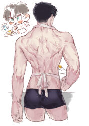 Rule 34 | 2boys, absurdres, apron, back, batman (series), black hair, black male underwear, chibi, cropped legs, dc comics, dick grayson, egg (food), food, fried egg, from behind, highres, jason todd, male focus, male swimwear, male underwear, multicolored hair, multiple boys, muscular, muscular male, naijarski, scar, scar on back, simple background, sketch, streaked hair, topless male, underwear, weapon, white apron, white background, white hair, yaoi