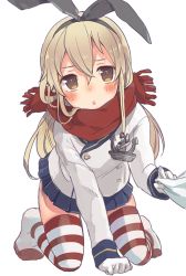 Rule 34 | 10s, 1girl, adapted costume, all fours, anchor, blonde hair, brown eyes, enpera, female focus, fuji fujino, gloves, hairband, kantai collection, long hair, scarf, shimakaze (kancolle), solo, striped clothes, striped thighhighs, thighhighs
