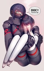 Rule 34 | 2girls, android, armor, black gloves, black hair, blue eyes, blush, breastplate, carrying, commentary, commentary request, covering face, embarrassed, english text, eule (signalis), eyeshadow, garrison cap, gloves, hat, hetza (hellshock), highres, holding, makeup, mask, mechanical legs, mouth mask, multiple girls, no feet, princess carry, red eyeshadow, robot girl, short hair, sidelocks, signalis, speech bubble, star (signalis), white background, yuri