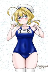 Rule 34 | 1girl, blonde hair, blue eyes, breasts, commentary request, covered navel, cowboy shot, dated, glasses, hat, i-8 (kancolle), kantai collection, large breasts, long hair, looking at viewer, low twintails, masara (chuujou), medium breasts, name tag, one-hour drawing challenge, peaked cap, red-framed eyewear, school swimsuit, semi-rimless eyewear, simple background, smile, solo, sparkle, standing, swimsuit, thighhighs, twintails, twitter username, under-rim eyewear, white background, white thighhighs