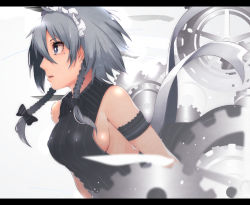 Rule 34 | 1girl, akuan (7jackpot7), armband, armpits, bad id, bad pixiv id, black shirt, bow, braid, breasts, clockwork, commentary request, embodiment of scarlet devil, floating, floating object, gears, grey eyes, grey hair, hair bow, izayoi sakuya, knife, letterboxed, maid headdress, medium breasts, open mouth, shirt, short hair, sideboob, sketch, sleeveless, solo, touhou, twin braids, white background