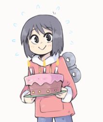 Rule 34 | 1girl, animated, animated gif, birthday cake, black eyes, black hair, blue pants, blush stickers, cake, candle, commentary, english commentary, food, graskip, hood, hoodie, looking at viewer, nichijou, pants, red hoodie, shinonome nano, smile, solo, winding key