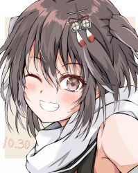 Rule 34 | 1girl, black hair, brown eyes, dairyo3, dated, grin, hair ornament, highres, kantai collection, one eye closed, sailor collar, sailor shirt, scarf, sendai (kancolle), sendai kai ni (kancolle), shirt, short hair, sleeveless, sleeveless shirt, smile, solo, two side up, white scarf