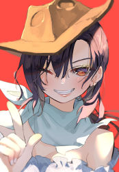 Rule 34 | 1girl, ;d, bad id, bad twitter id, bandana, bare shoulders, black hair, blue shirt, blurry, breasts, brown hat, commentary request, cowboy hat, depth of field, earrings, eyelashes, grin, hair between eyes, hat, highres, index finger raised, jewelry, kurokoma saki, lips, long hair, looking at viewer, off-shoulder shirt, off shoulder, one eye closed, open mouth, red background, red eyes, shirt, simple background, small breasts, smile, solo, syuri22, touhou, upper body, white bandana