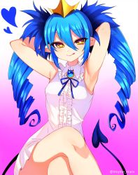 Rule 34 | 1girl, armpits, bare shoulders, blue hair, bombergirl, breasts, brown eyes, crossed legs, crown, drill hair, heart, heart-shaped pupils, highres, lewisia aquablue, licking, looking at viewer, marota, pointy ears, sleeveless, small breasts, solo, symbol-shaped pupils, tail, twin drills, twintails