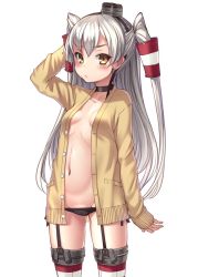 Rule 34 | 10s, 1girl, :t, amatsukaze (kancolle), arm up, black panties, blush, bosshi, breasts, brown eyes, cameltoe, cardigan, choker, garter straps, hair ornament, hat, kantai collection, long hair, lowleg, lowleg panties, mini hat, navel, open cardigan, open clothes, panties, side-tie panties, silver hair, simple background, sleeves past wrists, small breasts, solo, strap gap, suspenders, thighhighs, two side up, underwear, white background
