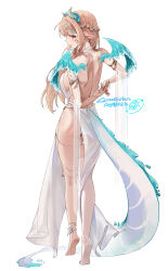 Rule 34 | 1girl, absurdres, arms behind back, artist name, ass, back, backless dress, backless outfit, blonde hair, blush, bracelet, braid, breasts, closed mouth, commentary request, commission, dragon girl, dragon horns, dragon tail, dragon wings, dress, highres, horns, indie virtual youtuber, jewelry, large breasts, long hair, median furrow, medium breasts, pixiv commission, red eyes, revealing clothes, sideboob, sidelocks, simple background, solo, sssong aa, tail, virtual youtuber, white background, white dress, wings