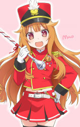 Rule 34 | &gt;:3, &gt;:d, 10s, 1girl, :3, :d, amatsuka mao, band uniform, belt, black thighhighs, blush, character name, cowboy shot, epaulettes, fang, gj-bu, gloves, hair flaps, hand on own hip, hat, heart, holding, long hair, long sleeves, looking at viewer, marching band baton, midriff, navel, open mouth, orange hair, outline, pink background, pleated skirt, red eyes, shako cap, skirt, smile, solo, star (symbol), thighhighs, v-shaped eyebrows, white gloves, youkan, zettai ryouiki