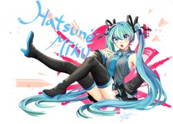 Rule 34 | 10s, 1girl, 2014, aqua hair, blue eyes, boots, breasts, character name, dated, detached sleeves, full body, hair ribbon, hatsune miku, high heels, iso1206, long hair, looking at viewer, nail polish, necktie, open mouth, ribbon, sitting, skirt, solo, thigh boots, thighhighs, twintails, very long hair, vocaloid