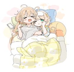 2girls ahoge blonde_hair cellphone chick_print closed_eyes commentary cowlick cuddling drooling eye_mask floral_print futaba_anzu futon green_eyes grey_shirt hand_on_own_face hand_under_clothes hand_under_shirt highres idolmaster idolmaster_cinderella_girls light_blush low_twintails multiple_girls one_eye_closed open_mouth pajamas phone pillow plaid_clothes plaid_pajamas shirt simple_background sleeping sleepy smartphone spawnfoxy twintails under_covers v-neck white_background white_trim yellow_blanket yusa_kozue