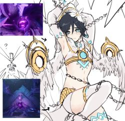 Rule 34 | 1boy, ?, achi, alternate costume, androgynous, armpits, arms up, arrow (symbol), black hair, blue hair, bound, braid, capelet, chain, chest tattoo, closed mouth, crop top, crying, crying with eyes open, detached sleeves, feathered wings, flower, genshin impact, gradient hair, green eyes, hair flower, hair ornament, highres, hood, hood up, hooded capelet, leg tattoo, long sleeves, looking at viewer, male focus, midriff, multicolored hair, navel, reference photo, short hair with long locks, shorts, simple background, single thighhigh, sleeveless, solo, stairs, statue, sweat, tattoo, tears, thighhighs, tied up, upside-down, venti (archon) (genshin impact), venti (genshin impact), vortex, white flower, white shorts, white thighhighs, wings