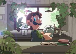 Rule 34 | 1boy, blue eyes, book, ceiling light, cleaning, cowlick, facial hair, faucet, flower, from behind, glass, gloves, hoshikuzu pan, kitchen, lamp, lens flare, looking at viewer, looking back, luigi, mario (series), mustache, nintendo, open book, overalls, plant, plate, potted plant, sink, solo, super mario bros. 1, table, unworn gloves, wash cloth, water drop, window