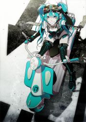 Rule 34 | 1girl, akiakane, aqua eyes, aqua hair, boots, cross-laced footwear, elbow gloves, fingerless gloves, gloves, goggles, goggles on head, grin, hatsune miku, lace-up boots, long hair, md5 mismatch, motor vehicle, motorcycle, nail polish, resolution mismatch, scarf, smile, solo, source smaller, thigh boots, thighhighs, twintails, vehicle, vocaloid