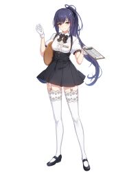 Rule 34 | 1girl, badge, bill (object), black bow, black bowtie, black footwear, black skirt, blue hair, bow, bowtie, breasts, carrying, carrying under arm, center frills, clenched hand, clipboard, closed mouth, closers, collared shirt, eunha (closers), frills, full body, garter straps, gloves, green eyes, hair bow, hands up, high-waist skirt, highres, holding, holding clipboard, holding tray, lace, lace-trimmed thighhighs, legs apart, long hair, looking at viewer, mary janes, medium breasts, miniskirt, official art, pleated skirt, ponytail, puffy short sleeves, puffy sleeves, shirt, shoes, short sleeves, sidelocks, skirt, smile, solo, standing, suspender skirt, suspenders, tachi-e, thighhighs, tray, underbust, very long hair, waitress, white background, white gloves, white shirt, white thighhighs, won sign, zettai ryouiki