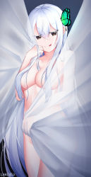 Rule 34 | 1girl, :q, absurdres, breasts, brown eyes, bug, butterfly, butterfly on head, cleavage, collarbone, colored eyelashes, completely nude, cowboy shot, curtains, echidna (re:zero), hair between breasts, hair between eyes, highres, insect, lancheu, looking at viewer, medium breasts, nude, re:zero kara hajimeru isekai seikatsu, silver hair, solo, standing, tongue, tongue out