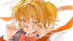 Rule 34 | 1girl, adjusting eyewear, bespectacled, blonde hair, bow, bowtie, brown-framed eyewear, chinese commentary, collared shirt, commentary request, daiba nana, gezi (gezi25889902), glasses, gradient background, green eyes, green ribbon, grey jacket, hair between eyes, hair ribbon, hands up, highres, jacket, light smile, long sleeves, looking ahead, parted lips, portrait, red bow, red bowtie, red ribbon, ribbon, school uniform, seishou music academy uniform, shirt, short hair, short twintails, shoujo kageki revue starlight, solo, twintails, white background, white shirt
