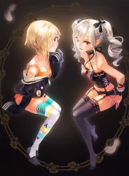 Rule 34 | 10s, 2girls, bad id, bad pixiv id, bare shoulders, blonde hair, bow, breasts, brown eyes, bustier, buttons, camisole, cleavage, collarbone, drill hair, earrings, garter straps, grey hair, hair over one eye, hair ribbon, hand on own hip, highres, hood, hoodie, idolmaster, idolmaster cinderella girls, jewelry, kanzaki ranko, lingerie, long hair, looking at viewer, multiple girls, off shoulder, open mouth, panties, print legwear, purple legwear, red eyes, ribbon, shirasaka koume, short hair, sleeves past wrists, small breasts, tank top, thighhighs, twin drills, twintails, underwear, wrist ribbon, wristband, yonsang21