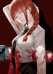 Rule 34 | 1girl, black necktie, black pants, blazpu, blood, braid, braided ponytail, breasts, business suit, chainsaw, chainsaw man, collared shirt, dress shirt, formal, high-waist pants, highres, large breasts, long hair, long sleeves, looking at viewer, makima (chainsaw man), necktie, neckwear request, pants, ringed eyes, shirt, shirt tucked in, solo, suit, white shirt