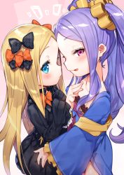 Rule 34 | 1girl, 2girls, abigail williams (fate), black bow, black dress, blonde hair, blue eyes, blush, bow, breasts, chinese clothes, closed mouth, collarbone, dress, fate/grand order, fate (series), forehead, hair bow, hair ornament, hand on another&#039;s hip, licking lips, long hair, long sleeves, looking at viewer, multiple girls, orange bow, parted bangs, pink background, polka dot, polka dot bow, purple dress, purple eyes, purple hair, sleeves past fingers, sleeves past wrists, small breasts, smile, tongue, tongue out, tousaki shiina, twintails, very long hair, wide sleeves, wu zetian (fate), wu zetian (first ascension) (fate)