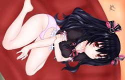 Rule 34 | black hair, breasts, feet, hair ornament, hairclip, heel, highres, kness, long hair, neptune (series), panties, pants, red eyes, ribbon, shaah candidate, small breasts, smile, thighs, tsundere, twintails, two side up, underwear, uni (neptunia)