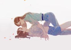 Rule 34 | 2girls, a979717082, blue shorts, bona (wjsn), brown hair, collared shirt, from side, green shirt, grey pants, highres, holding hands, k-pop, long hair, lying, multiple girls, navel, on back, on ground, pants, real life, shirt, shirt tucked in, shorts, striped clothes, striped shirt, wjsn, wu xuanyi, yuri