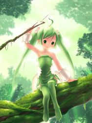 Rule 34 | 1girl, ahoge, armpits, bare shoulders, blush, boots, branch, fairy, forest, green eyes, green footwear, green hair, green thighhighs, hair bobbles, hair ornament, in tree, marurur, matching hair/eyes, nature, pointy ears, sitting, sitting in tree, solo, summon night, summon night 3, thighhighs, tree, twintails, yonasawa