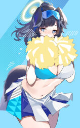Rule 34 | 1girl, animal ears, black hair, blue archive, blue eyes, blush, breasts, cleavage, covered mouth, dog ears, dog tail, goggles, goggles on head, halo, hibiki (blue archive), hibiki (cheer squad) (blue archive), highres, holding, holding pom poms, large breasts, looking at viewer, miniskirt, navel, official alternate costume, pleated skirt, pom pom (cheerleading), pom poms, ponytail, shiro marimo, skirt, solo, sports bra, stomach, tail, two-tone sports bra
