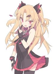 Rule 34 | 1girl, akatsuki uni, bare shoulders, black dress, black gloves, black thighhighs, blade (galaxist), blonde hair, blush, commentary request, cowboy shot, dress, fangs, gloves, hair between eyes, hair ornament, hairclip, hand up, index finger raised, long hair, looking at viewer, open mouth, parted bangs, partially fingerless gloves, pleated dress, red eyes, simple background, solo, thighhighs, two side up, uni create, very long hair, virtual youtuber, white background, zipper pull tab