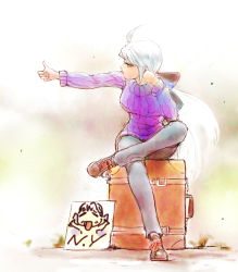 Rule 34 | 1girl, ahoge, arm support, black bow, bow, chibi, commentary, crossed legs, denim, hair bow, hitchhiking, jeans, konpasu, leg up, long hair, looking to the side, luggage, outstretched arm, pants, purple sweater, ribbed sweater, sign, sitting, solo, sweater, thumbs up, turtleneck, turtleneck sweater, very long hair, vocaloid, white hair, yellow eyes, yowane haku