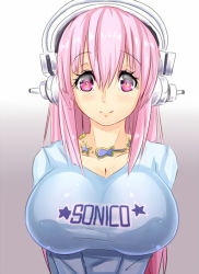 Rule 34 | 1girl, 4chan, blush, breasts, cleavage, clothes writing, headphones, huge breasts, jewelry, long hair, looking at viewer, magister, necklace, nitroplus, pink eyes, pink hair, shirt, smile, solo, super sonico, taut clothes, taut shirt, v arms
