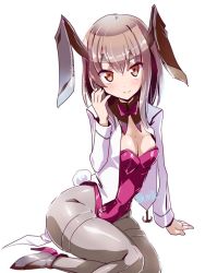 Rule 34 | 10s, 1girl, blush, bow, bowtie, breasts, brown eyes, brown hair, rabbit tail, cleavage, coat, detached collar, kantai collection, long hair, looking at viewer, miuku (marine sapphire), pantyhose, playboy bunny, simple background, sitting, smile, solo, taihou (kancolle), tail, wrist cuffs, yokozuwari