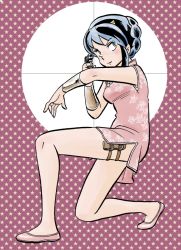 Rule 34 | 1girl, alternate hairstyle, arm guards, blue hair, braid, chinese clothes, gun, holster, horns, kneeling, lum, on one knee, oni, pointy ears, red background, simple background, slippers, solo, star (symbol), uesuto (westriver), urusei yatsura, weapon, wrist cuffs