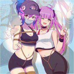 Rule 34 | 2girls, absurdres, ahoge, bare shoulders, black shorts, black vest, blue hair, blunt bangs, borrowed character, bound, breasts, chibi, chibi inset, cleavage, cloth gag, collarbone, cowboy shot, femdom, gag, gagged, hair ornament, hand on own shoulder, hat, heart, heart-shaped pupils, highres, improvised gag, leuedai (magnolia-baillon), looking at viewer, medium breasts, multicolored hair, multiple girls, navel, olivia (tiedtiki), original, over the mouth gag, ponytail, purple eyes, purple hair, rabbit hair ornament, shibari, shorts, symbol-shaped pupils, tape, tape gag, tiedtiki, twintails, two-tone hair, v, vest, victory pose, white vest, yuri