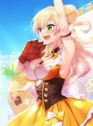 Rule 34 | 1girl, animal hands, arm up, armpits, blonde hair, bow, bowtie, breasts, cleavage, cowboy shot, dress, from side, gloves, green eyes, hair bun, hand on own chest, hand up, highres, hololive, large breasts, long hair, looking ahead, momosuzu nene, onigiri-kun (demmy), open mouth, outdoors, paw gloves, sleeveless, sleeveless dress, smile, solo, stage, underbust, virtual youtuber, waving, wavy hair