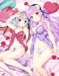 Rule 34 | 2girls, :o, absurdres, arm up, babydoll, bad id, bad pixiv id, bat wings, blue hair, blush, breasts, collarbone, crescent, crescent hair ornament, etou (cherry7), female focus, flower, hair ornament, hairband, holding hands, heart, heart-shaped pillow, highres, long hair, looking at viewer, lying, multiple girls, on back, panties, patchouli knowledge, petals, pillow, purple eyes, purple hair, red eyes, remilia scarlet, rose, rose petals, touhou, underwear, underwear only, wings