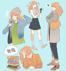 Rule 34 | bad id, bad pixiv id, beanie, black nails, blue background, book, book stack, cellphone, cheese in the trap, clenched teeth, coat, denim, denim skirt, full body, hand on own head, hat, highres, hong sul, jacket, jewelry, korean text, long hair, multiple views, musical note, nail polish, orange eyes, orange hair, orange sweater, pen, penginius, phone, ring, shirt, skirt, sleeveless, sleeveless shirt, smartphone, smile, standing, sweatdrop, sweater, teeth, turtleneck, turtleneck sweater