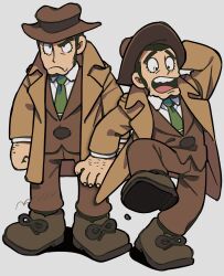 Rule 34 | 1boy, black eyes, black hair, brown coat, brown footwear, brown jacket, brown pants, brown suit, buzz cut, cleft chin, closed mouth, coat, collared shirt, commentary request, constricted pupils, fedora, formal, frown, full body, green necktie, hand hair, hand on headwear, hand up, hat, highres, jacket, layered clothes, long sleeves, looking ahead, looking down, lupin iii, male focus, multiple views, nankai (nankai san), necktie, open clothes, open coat, pants, raised eyebrows, shirt, shoes, short hair, sideburns, signature, simple background, standing, standing on one leg, suit, thick eyebrows, trench coat, v-shaped eyebrows, very short hair, white background, white shirt, wide-eyed, zenigata kouichi
