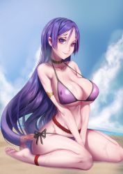 Rule 34 | bikini, blue sky, breasts, cloud, eyebrows, fate/grand order, fate (series), highres, large breasts, long hair, looking at viewer, low-tied long hair, minamoto no raikou (fate), ocean, parted lips, proudsoul, purple bikini, purple eyes, purple hair, sand, side-tie bikini bottom, sky, smile, solo, swimsuit, thighs