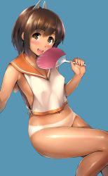 Rule 34 | 10s, 1girl, :d, blue background, blush, bottomless, brown eyes, brown hair, collarbone, covered erect nipples, crop top, eyebrows, hand fan, head tilt, highres, holding, holding fan, i-401 (kancolle), kantai collection, navel, open mouth, sailor collar, shinozuka jouji, shirt, simple background, sleeveless, sleeveless shirt, smile, solo, tan, tanline, white shirt