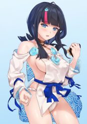 Rule 34 | 1girl, bare shoulders, black hair, blue eyes, blue ribbon, blush, breasts, candy, chocolate, chocolate heart, collarbone, detached leggings, dress, fate/grand order, fate/requiem, fate (series), food, fundoshi, heart, highres, japanese clothes, jewelry, large breasts, long sleeves, looking at viewer, magatama, magatama hair ornament, magatama necklace, medium hair, multicolored hair, necklace, open mouth, pelvic curtain, pink hair, puffy long sleeves, puffy sleeves, ribbon, ryouya, seigaiha, short dress, sideboob, sideless outfit, solo, streaked hair, thighs, utsumi erice, white dress, white legwear