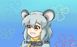 Rule 34 | 1girl, animal ears, blue background, blue sky, day, english text, grey hair, highres, mouse ears, nazrin, neferkitty, open mouth, raised eyebrows, red eyes, short hair, sky, spongebob squarepants (series), touhou