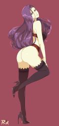 Rule 34 | 1girl, artist name, ass, bare shoulders, black footwear, black thighhighs, bra, breasts, circlet, earrings, fire emblem, fire emblem echoes: shadows of valentia, fire emblem gaiden, full body, glint, high heels, highres, jewelry, large breasts, leg up, long hair, nintendo, panties, parted lips, pink lips, pumps, purple background, purple hair, r3dfive, red bra, red eyes, red panties, shoes, smile, solo, sonya (fire emblem gaiden), standing, standing on one leg, stiletto heels, thighhighs, thong, underwear, underwear only, very long hair