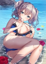 Rule 34 | 10s, 1girl, bikini, blue bikini, blue eyes, breasts, cleavage, closed mouth, clothes pull, day, finger to mouth, flower, frilled bikini, frills, grey hair, haruno suzune, kantai collection, kashima (kancolle), large breasts, long hair, looking at viewer, lying, nipple slip, nipples, ocean, on side, one-piece swimsuit pull, parted lips, shadow, shore, shushing, solo, swimsuit, twintails, wavy hair