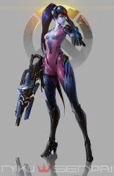 Rule 34 | 1girl, artist name, assault rifle, blue hair, blue sclera, blue skin, bodysuit, boots, breasts, closed mouth, colored sclera, colored skin, commentary, full body, gloves, grey background, gun, hand up, helmet, high heel boots, high heels, highres, holding, holding gun, holding weapon, knee boots, logo, looking to the side, medium breasts, nikusenpai, overwatch, overwatch 1, pink bodysuit, ponytail, reflection, rifle, solo, standing, third-party edit, weapon, widowmaker (overwatch), yellow eyes