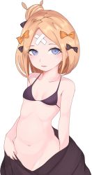 Rule 34 | 1girl, abigail williams (fate), abigail williams (traveling outfit) (fate), bandaid, bandaid on face, bandaid on forehead, bare shoulders, bikini, black bikini, black bow, black jacket, blonde hair, blue eyes, blush, bow, breasts, collarbone, crossed bandaids, fate/grand order, fate (series), forehead, hair bun, heroic spirit traveling outfit, highres, jacket, long hair, looking at viewer, luomu, navel, off shoulder, official alternate costume, open clothes, open jacket, orange bow, parted bangs, parted lips, polka dot, polka dot bow, simple background, single hair bun, small breasts, solo, swimsuit, white background